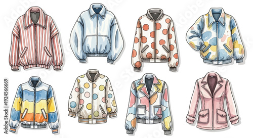 A collection of eight stylish bomber jackets with diverse patterns and colors, presented in a top-down view.