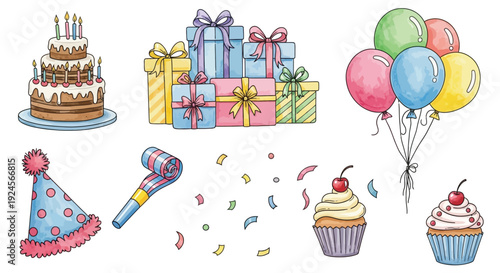 A vibrant collection of birthday celebration elements including a tiered cake, gift boxes, balloons, a party hat, noisemaker, confetti, and cupcakes.