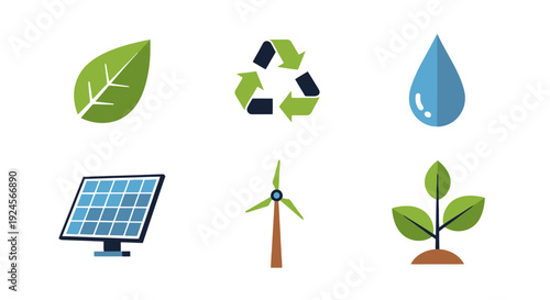 Sustainable energy icons representing eco-friendly practices and renewable resources for a greener future displayed together