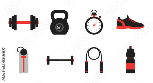Various fitness equipment and accessories arranged neatly on a plain background from a straightforward viewpoint
