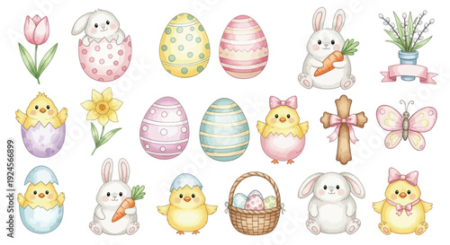 A charming watercolor collection of Easter-themed illustrations featuring cute bunnies, fluffy chicks, decorated eggs, and spring flowers.