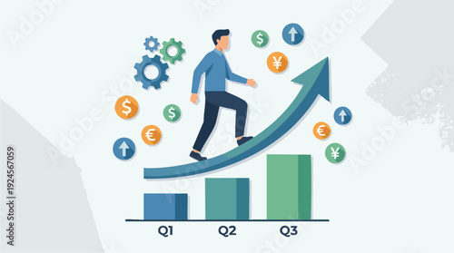 Man climbing up business growth chart with currency symbols.