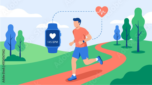 Man running outdoors with smartwatch tracking heart rate.
