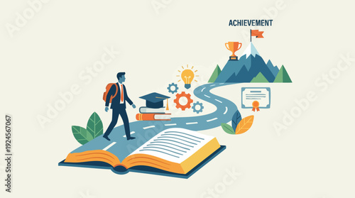 Man walking on a path of knowledge towards achievement.