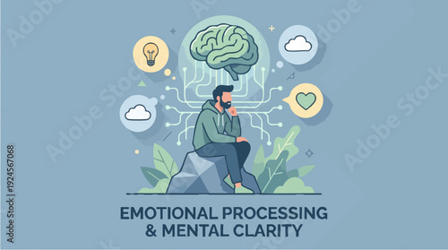 Man contemplating emotional processing and mental clarity with brain illustration.