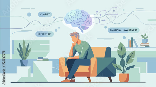 Man deep in thought, contemplating complex ideas with a brain visualization.