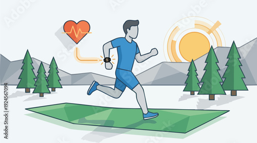 Man running outdoors with fitness tracker monitoring heart rate.
