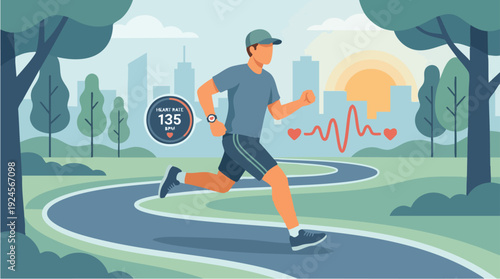 Man running in park tracking fitness data.