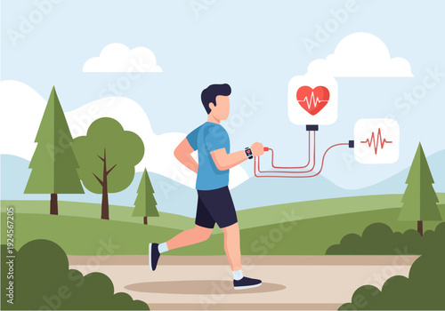 Man running outdoors with heart rate monitor technology.