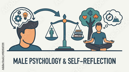 Male Psychology and Self Reflection Concept Illustration.