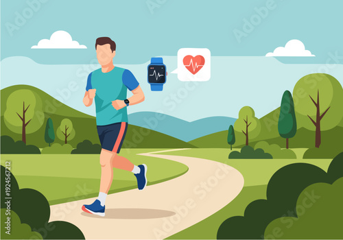Man running outdoors with smartwatch tracking heart rate.