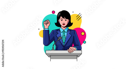 Confident Woman Speaker Raises Fist at Podium