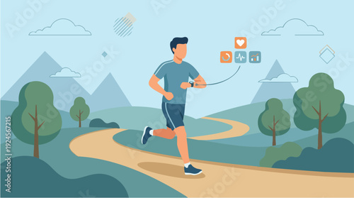 Man running outdoors with smartwatch tracking fitness data.