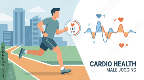 Man jogging on a track showing cardio health metrics.