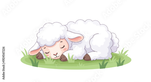Adorable Sleeping Lamb Resting Peacefully On Green Grass Field