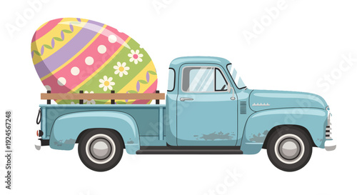 Vintage Pickup Truck Carrying Large Decorated Easter Egg