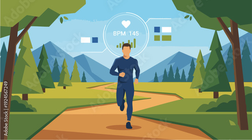 Man running outdoors with futuristic health monitoring interface.