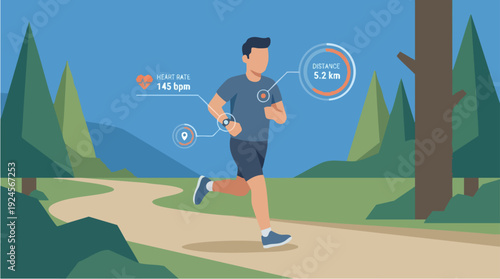 Man running outdoors tracking fitness data on smartwatch.