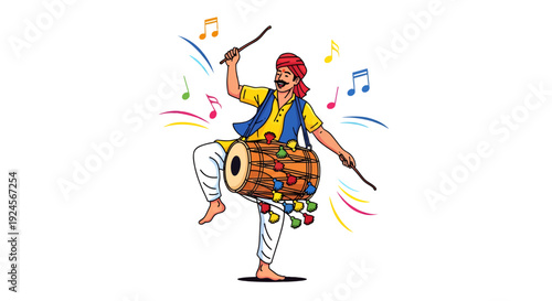 Energetic Indian Man Playing Dholak Drum While Performing Traditional Dance