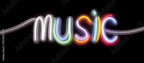 Neon Music Sign on Black Background.