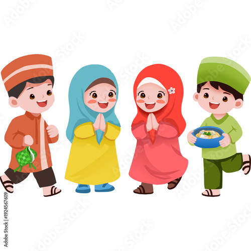 Cartoon vector illustration of happy children holding a cup together in a fun and friendly style