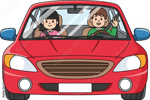 Cute cartoon vector illustration of a happy young couple driving a red car with seatbelts for road trip travel safety and automotive branding