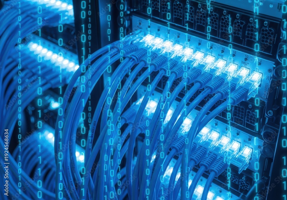 Fototapeta premium Network equipment displays glowing status lights with cascading digital code overlay