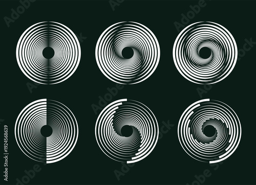 Set of six abstract circular spiral and radial halftone patterns on dark background. Geometric vortex and concentric ring vector designs