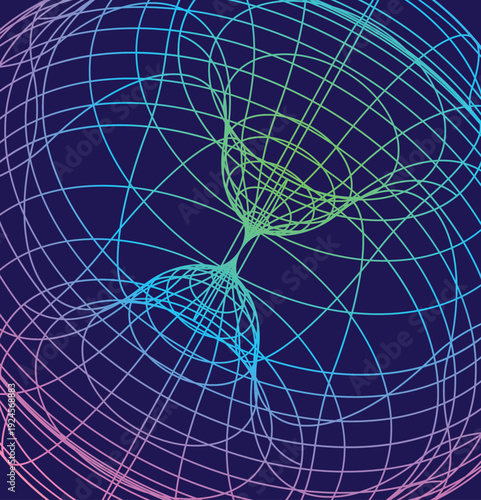 Abstract 3D wireframe mesh grid with neon gradient colors, representing a torus, wormhole, or mathematical surface topology.
