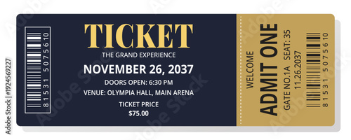 Elegant Navy Blue and Gold Event Ticket Vector Template - The Grand Experience Admission Pass with Barcode, Seat Number, and Perforated Stub Design
