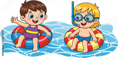 Cute cartoon vector illustration of two little boys swimming in blue water with colorful inflatable tubes and snorkeling gear for summer vacation branding