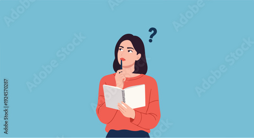 Thoughtful young woman contemplating ideas and solving problems, holding an open book with a question mark indicating deep thought and inquiry
