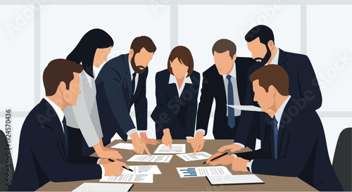 Team Collaboration and Business Meeting with People Discussing Documents and Charts Around a Table