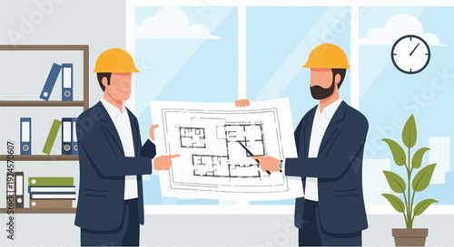 Two architects in hard hats discuss blueprints in an office setting, with a plant and clock in the background
