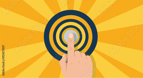 A hand with index finger pressing a button in the center of a target, symbolizing choice and decision-making in a bright, abstract background