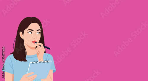 Young woman holding a pen and notebook, deep in thought against a vibrant pink background, illustrating contemplation and creativity