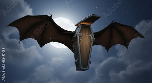 Wooden coffin with large membranous wings soars against the full moonlit night sky