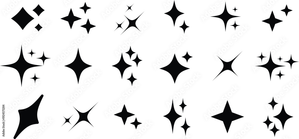 Obraz premium A collection of eighteen distinct black sparkle and star shapes displayed neatly on a clean white background
