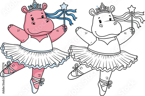 Cute pink hippo ballerina cartoon character wearing a tutu and tiara with a magic wand and a matching line art coloring page version