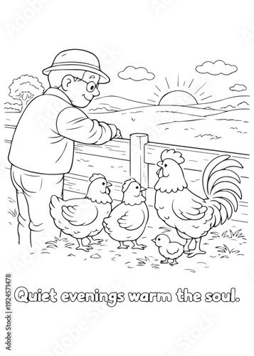 coloring book  grandfather feeding chickens at sunset on the farm