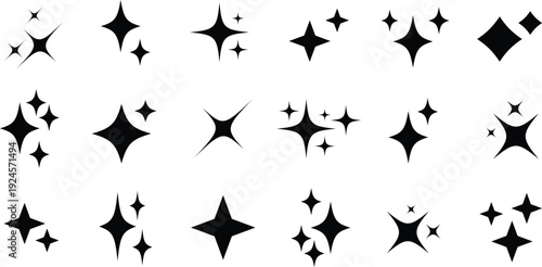 A comprehensive ensemble of black sparkle and star symbols presented on a stark white background