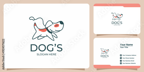 Whimsical minimalist line art dog logo design, capturing the playful spirit of a happy canine, ideal for modern pet care branding and charming business identity solutions