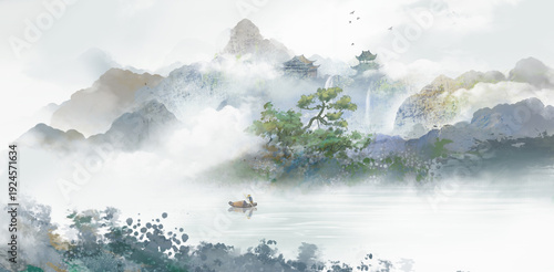 Blue-Green Chinese Shan Shui Painting with Willow Branches in Spring