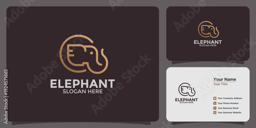 Elegant and modern minimalist golden elephant head logo design within a circular frame, ideal for professional corporate branding and visual identity, perfectly showcased on a business card mockup set