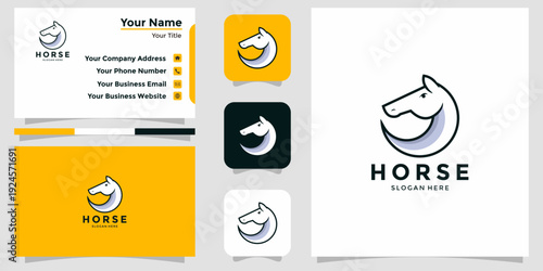 Minimalist horse head logo, crescent-shaped. Ideal for equestrian, animal, or sports brands. Shown on business cards and app icons for full branding