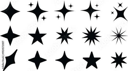 A varied collection of black star and sparkle shapes displayed clearly across a pristine white background