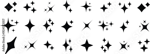 An extensive array of black sparkle and diverse star shapes organized neatly on a crisp white background