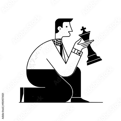 Businessman Holding Chess Piece on Knees in Office