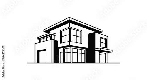 Stylized black and white vector illustration of a modern residential house, featuring sleek contemporary architecture perfect for real estate and urban living designs