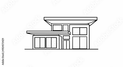Modern house facade with large windows and flat roof, architectural line drawing
